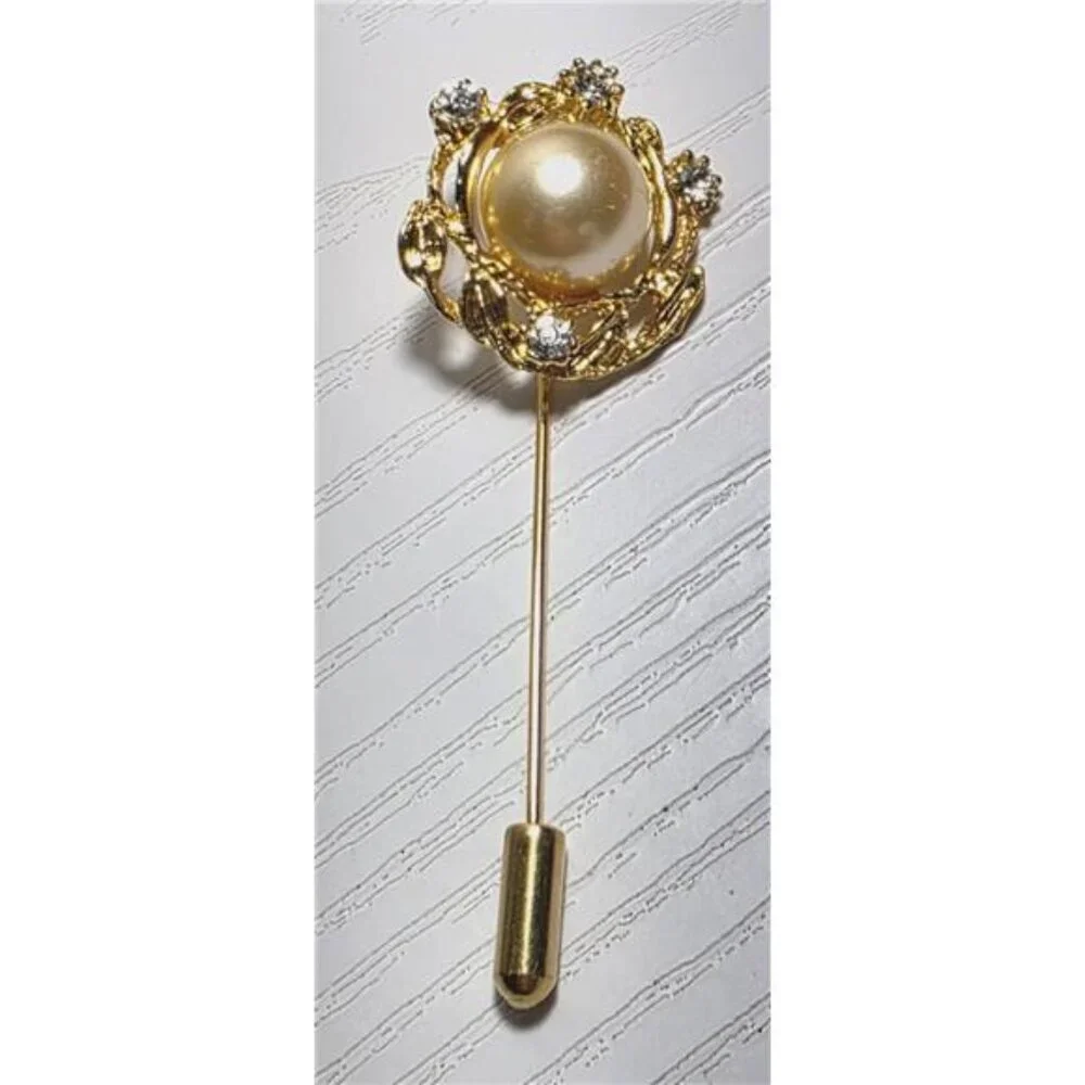 Vintage 10K Gold-Plated Filigree Lapel Pin w/ Rhinestones & Imitation Pearl 2.5